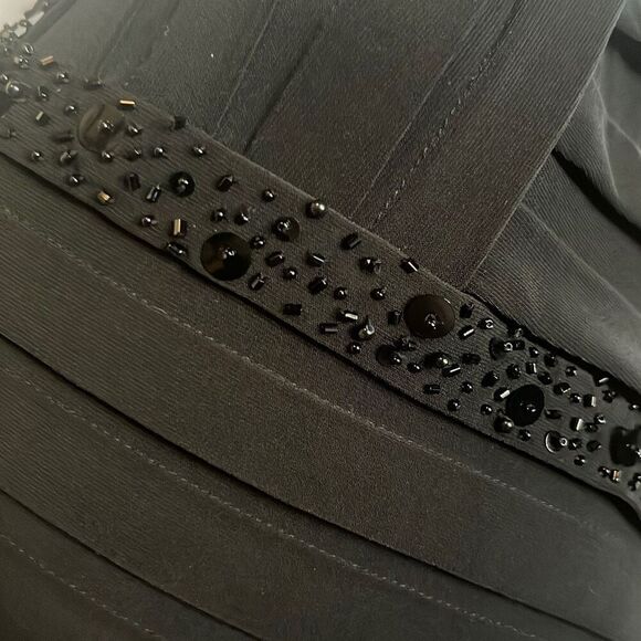 Cache Y2K Vintage Black Beaded Bodycon Pleated Cocktail Mini Dress Sz 8 Party - Picture 5 of 12